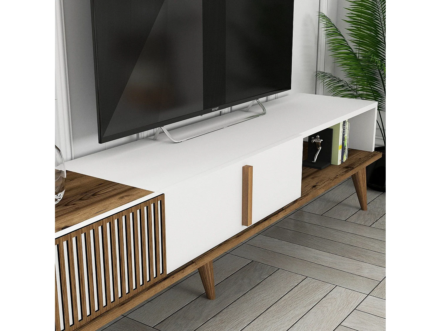 Mueble de TV – 180 cm de ancho – Nogal y Blanco – Melamina