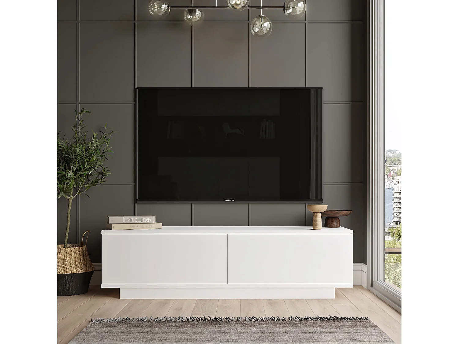 Móvel de TV moderno – 140 cm de largura – Branco – Melamina
