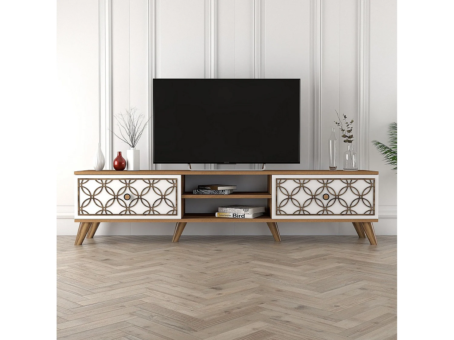 Mesa de tv Kailua 1166, Blanco|Nogal, 180x44x35cm