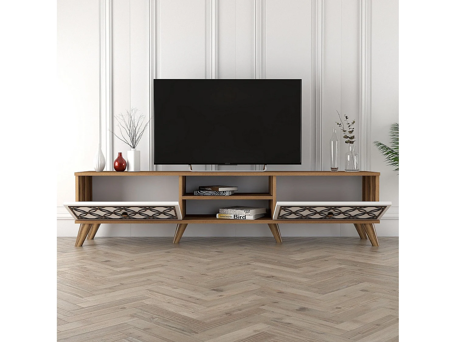 Mesa de tv Kailua 1166, Blanco|Nogal, 180x44x35cm