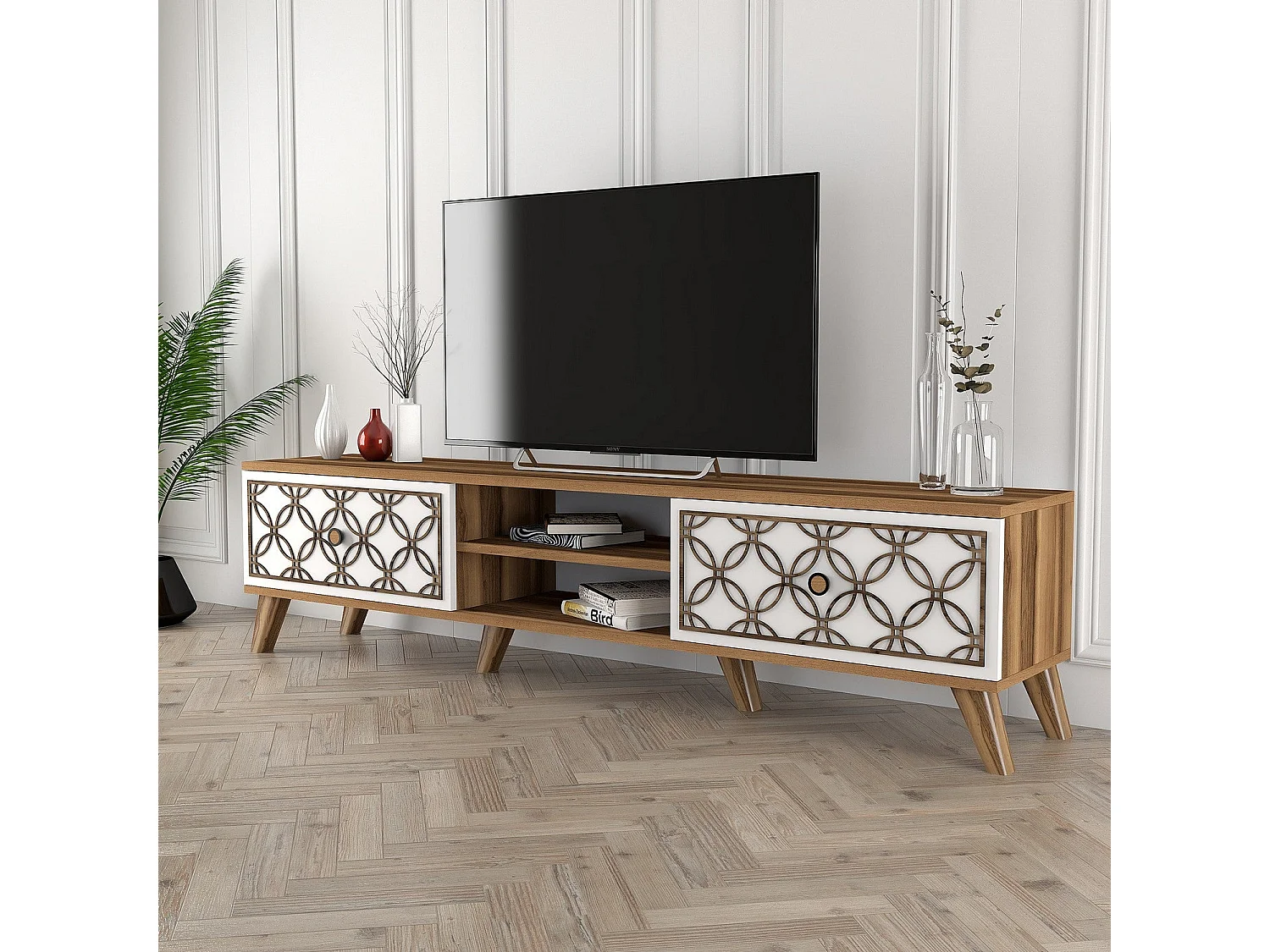 Meuble TV 2 portes et 2 étagères Varize 180cm Motif Arabesque Blanc et Bois