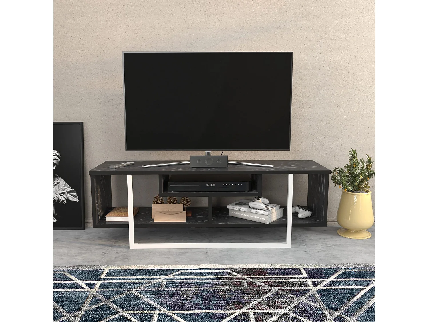 Meuble TV Nikolai 120cm Blanc et Noir Effet marbre