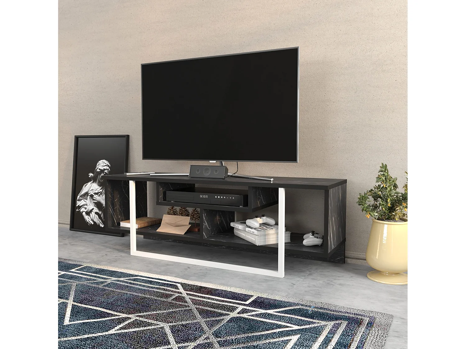 Meuble TV Nikolai 120cm Blanc et Noir Effet marbre