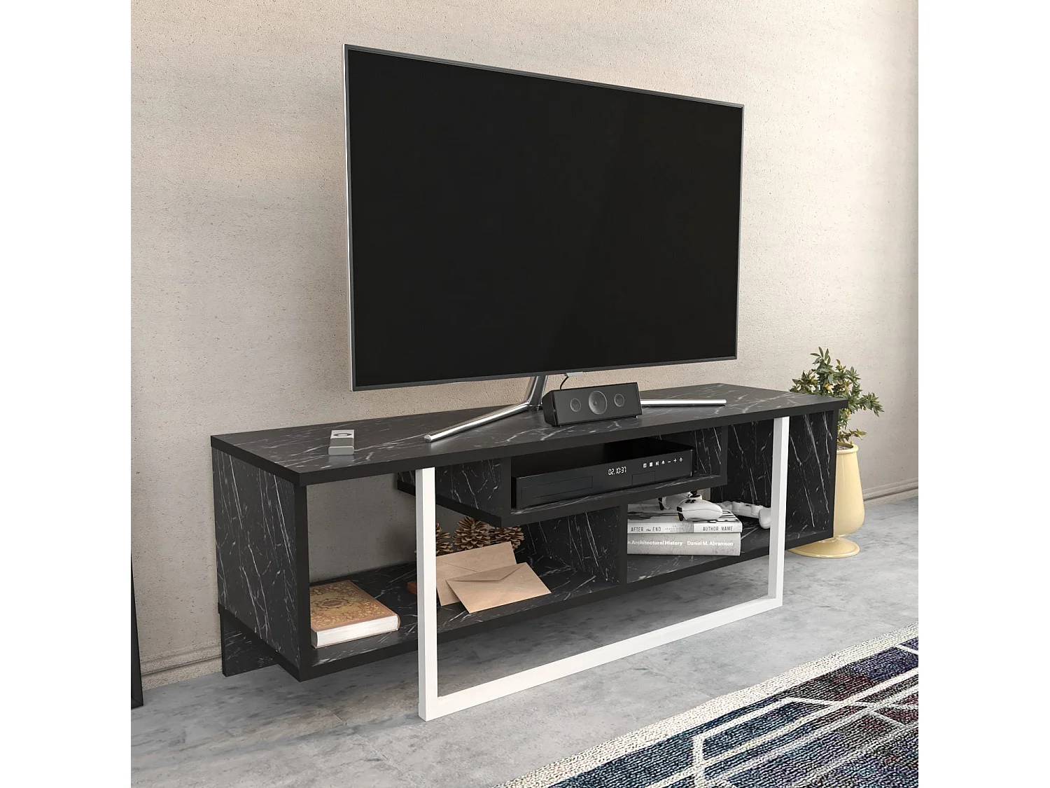 Meuble TV Nikolai 120cm Blanc et Noir Effet marbre