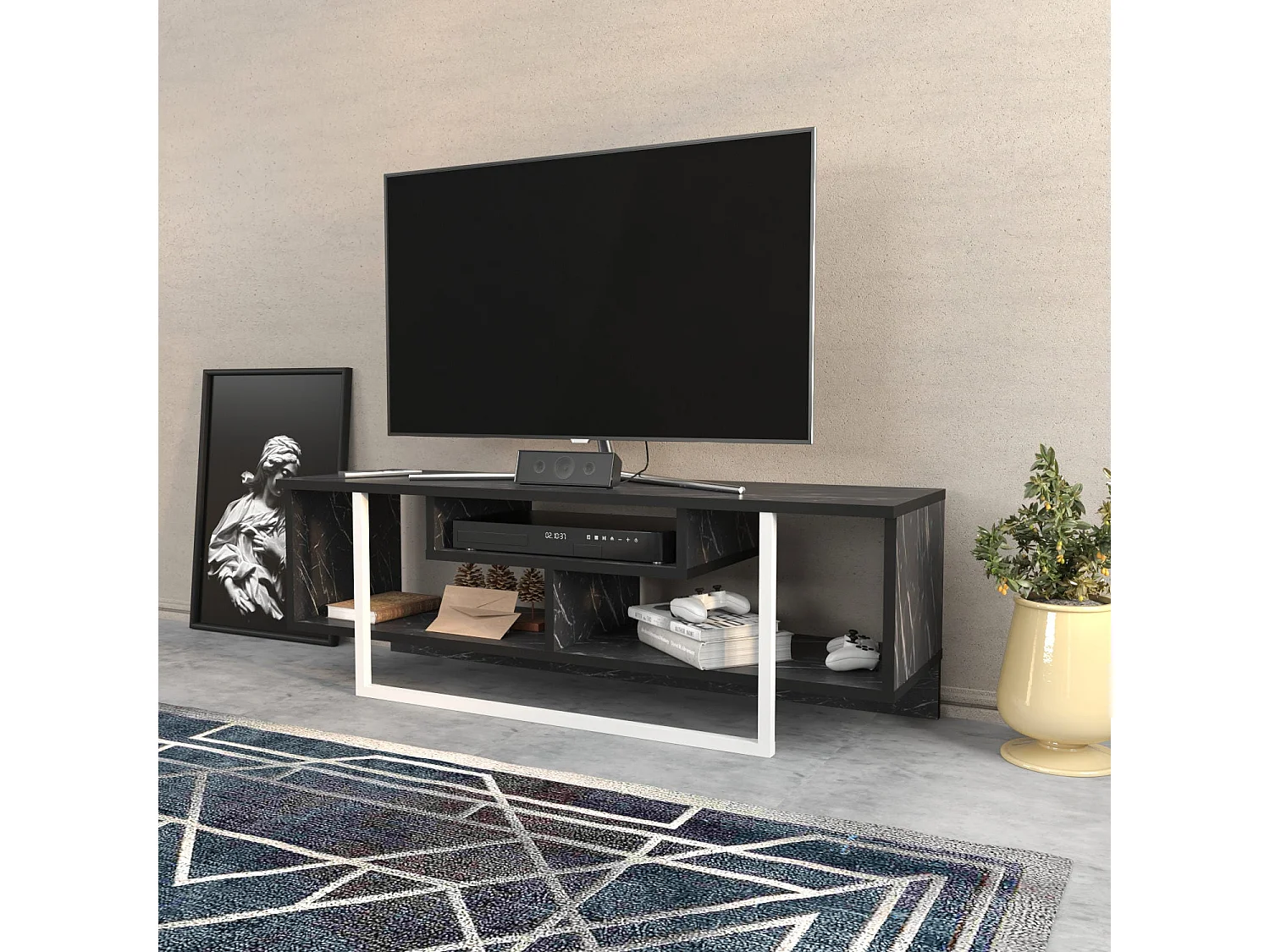 Meuble TV Nikolai 120cm Blanc et Noir Effet marbre
