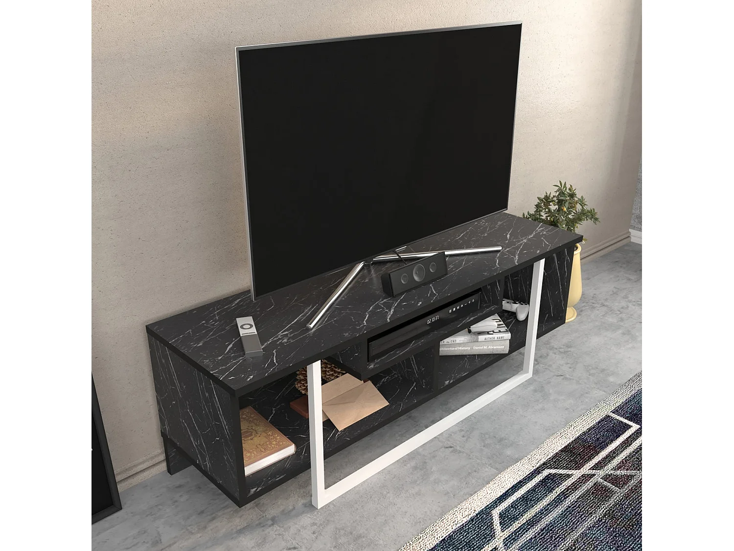 Meuble TV Nikolai 120cm Blanc et Noir Effet marbre