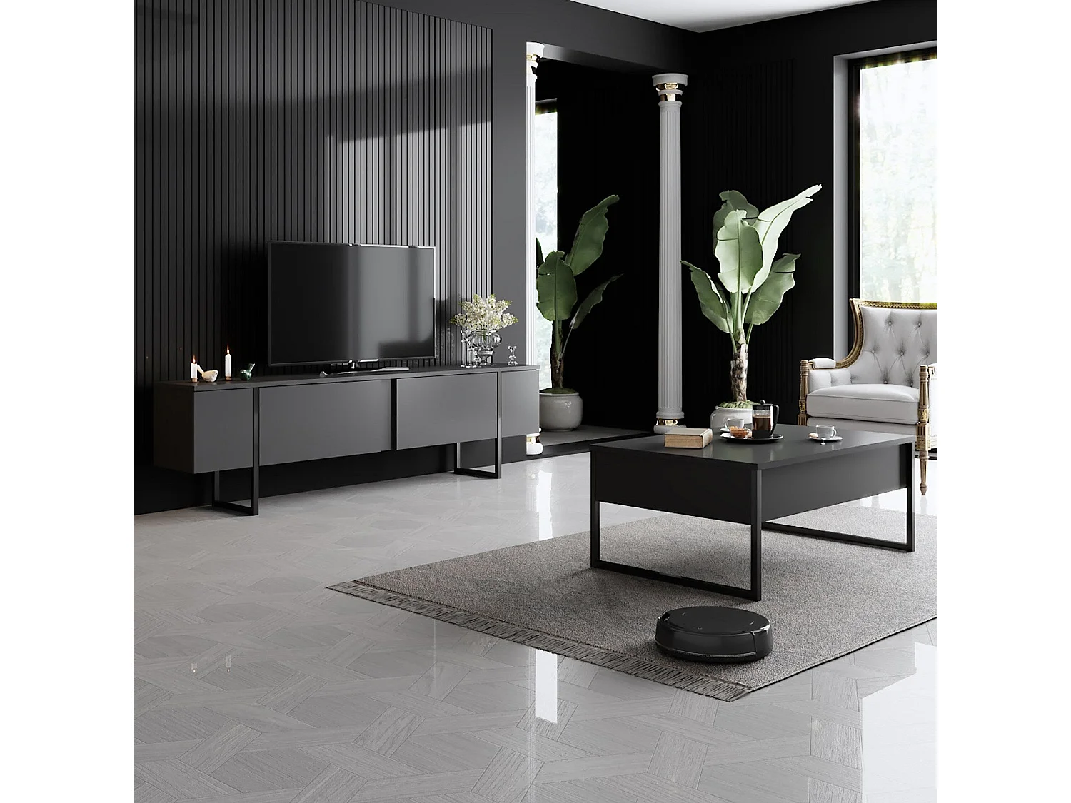 Mesa de tv Kailua Z100, Negro|Antracita, Número de puertas: 2.00, 180x50x30cm