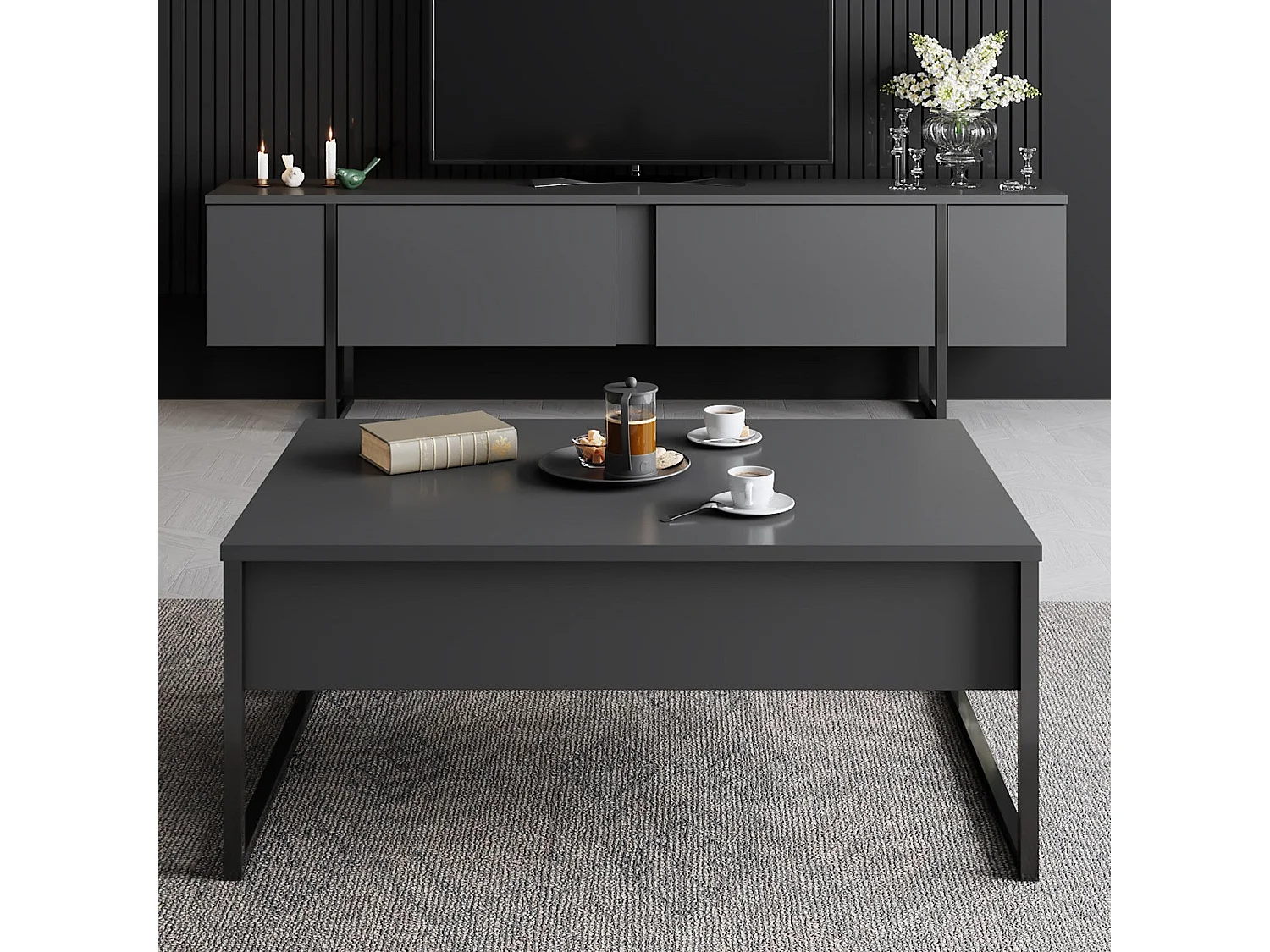 Mesa de tv Kailua Z100, Negro|Antracita, Número de puertas: 2.00, 180x50x30cm