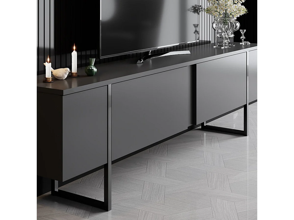 Modern TV Stand Anthracite Black 180x30x50 cm Scandinavian Style Cupboard 2 Doors