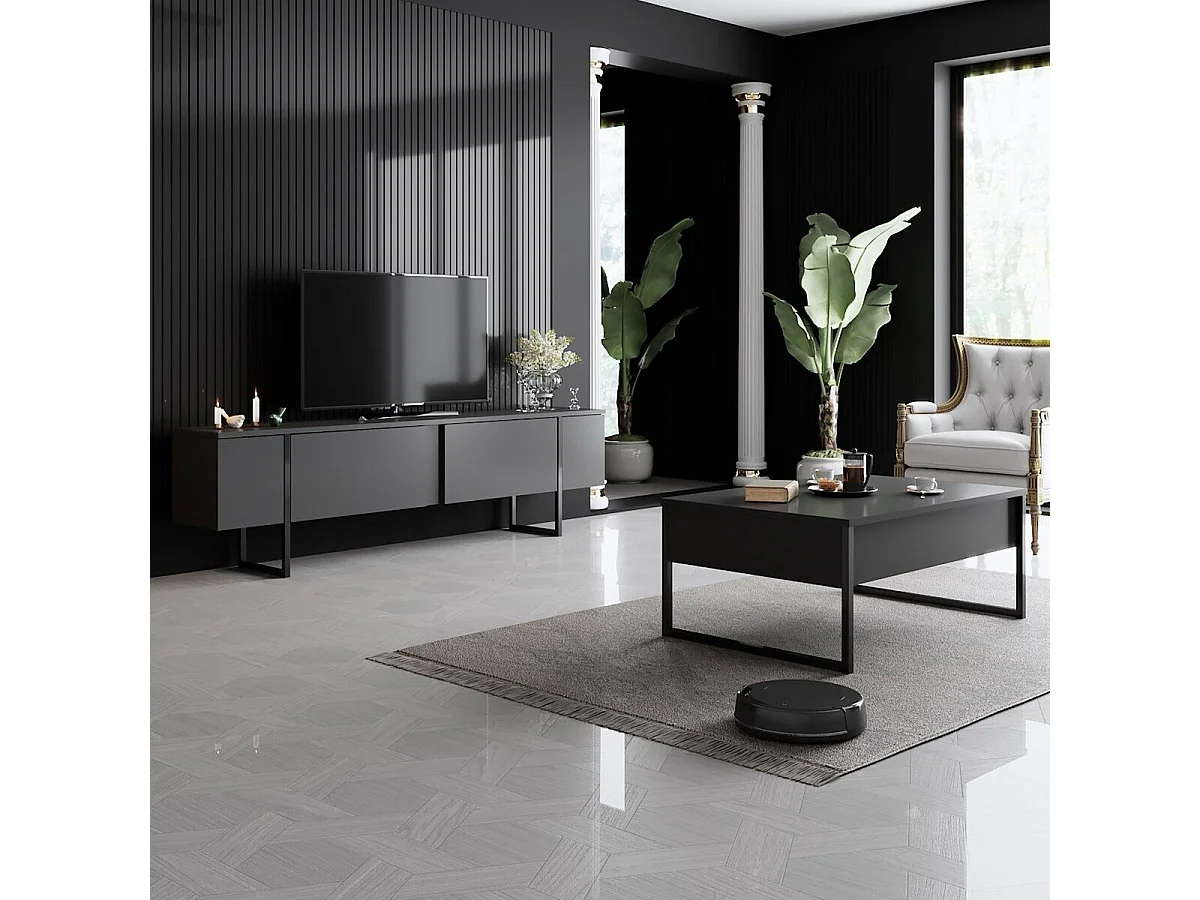 Modern TV Stand Anthracite Black 180x30x50 cm Scandinavian Style Cupboard 2 Doors