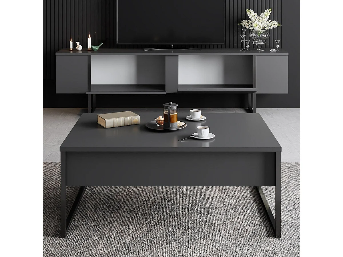 Modern TV Stand Anthracite Black 180x30x50 cm Scandinavian Style Cupboard 2 Doors