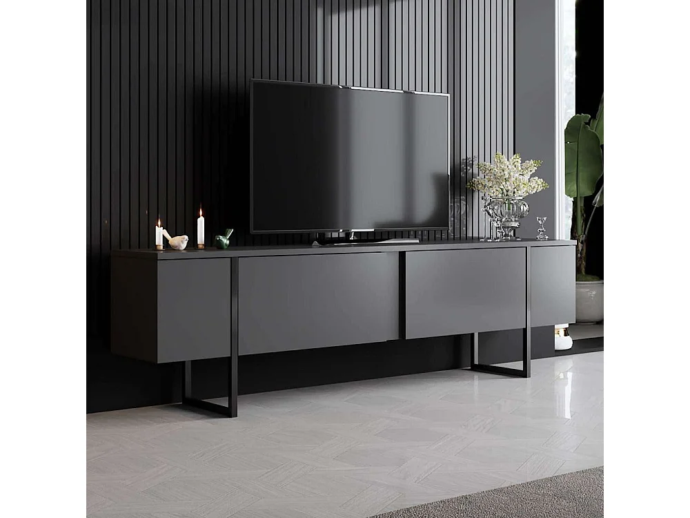 Modern TV Stand Anthracite Black 180x30x50 cm Scandinavian Style Cupboard 2 Doors