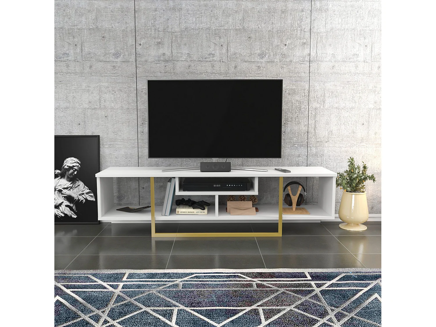 Mobile porta TV Kailua 245, Bianco|D'oro, 150x40x35cm