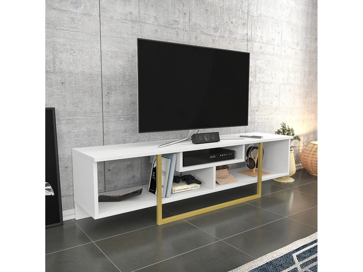 Mobile porta TV Kailua 245, Bianco|D'oro, 150x40x35cm