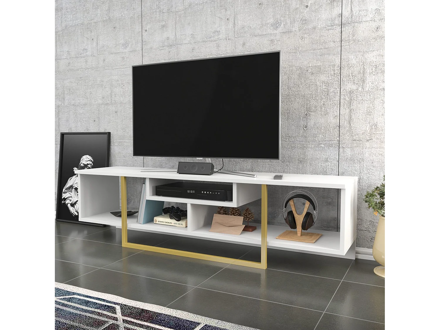 Mobile porta TV Kailua 245, Bianco|D'oro, 150x40x35cm