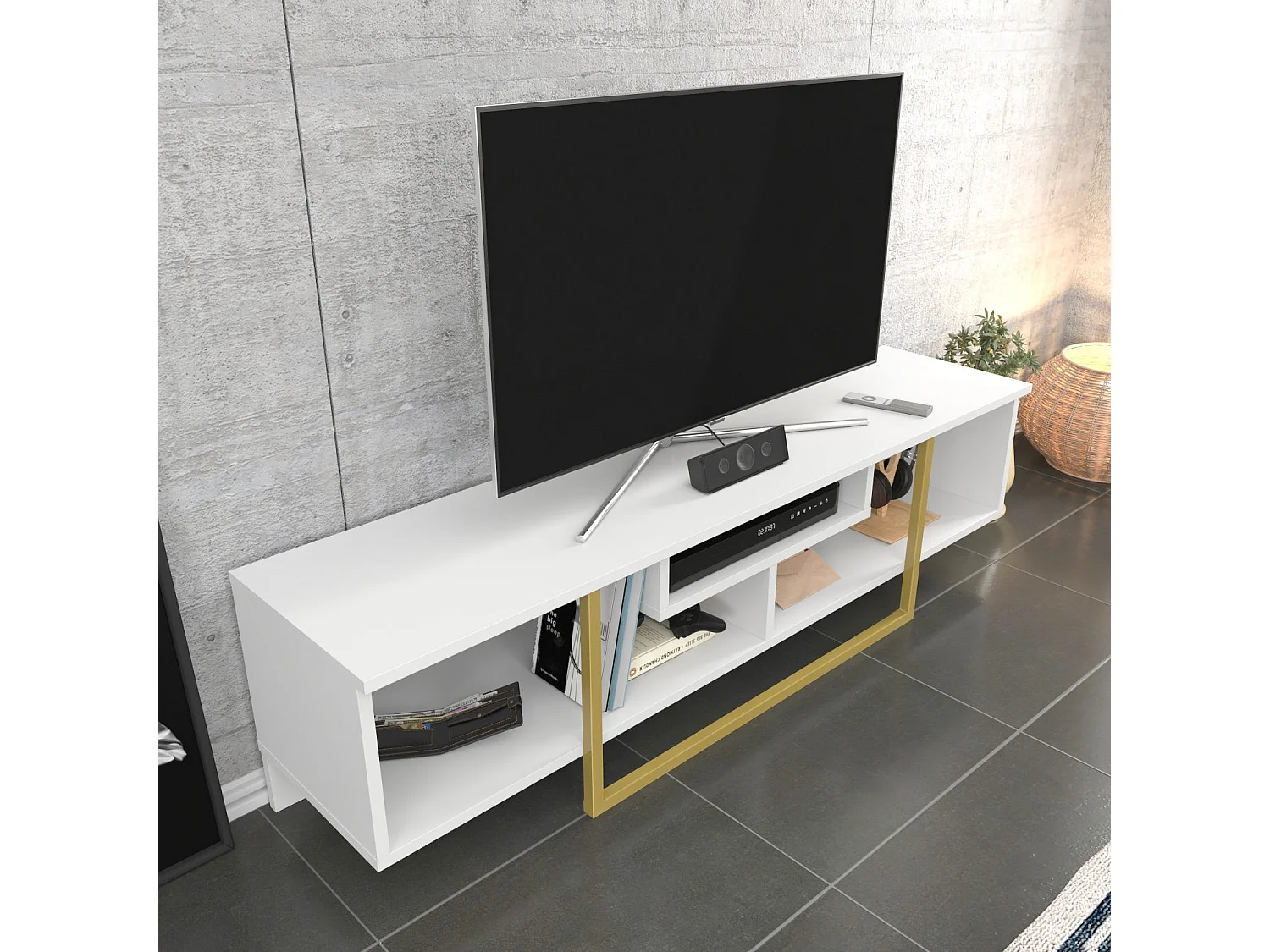 Mobile porta TV Kailua 245, Bianco|D'oro, 150x40x35cm