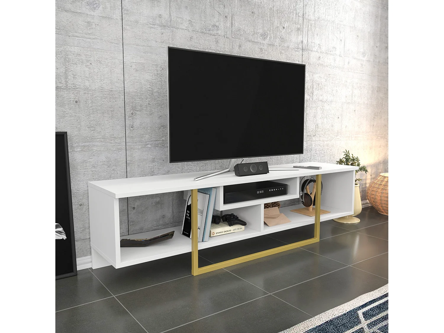 Mobile porta TV Kailua 245, Bianco|D'oro, 150x40x35cm