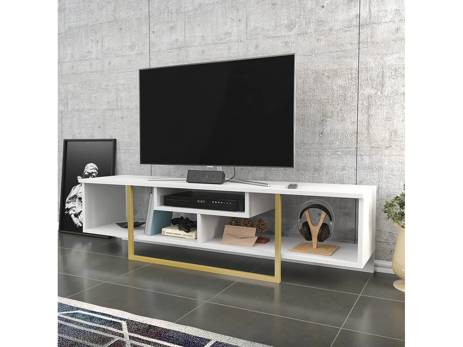 Mobile porta TV Kailua 245, Bianco|D'oro, 150x40x35cm