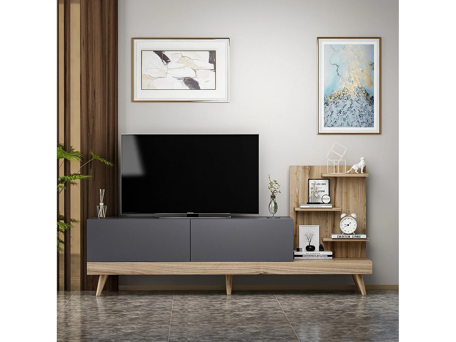 Mueble de TV – 180 cm x 82 cm x 37 cm – Antracita y Nogal – Tablero de partículas recubierto de melamina