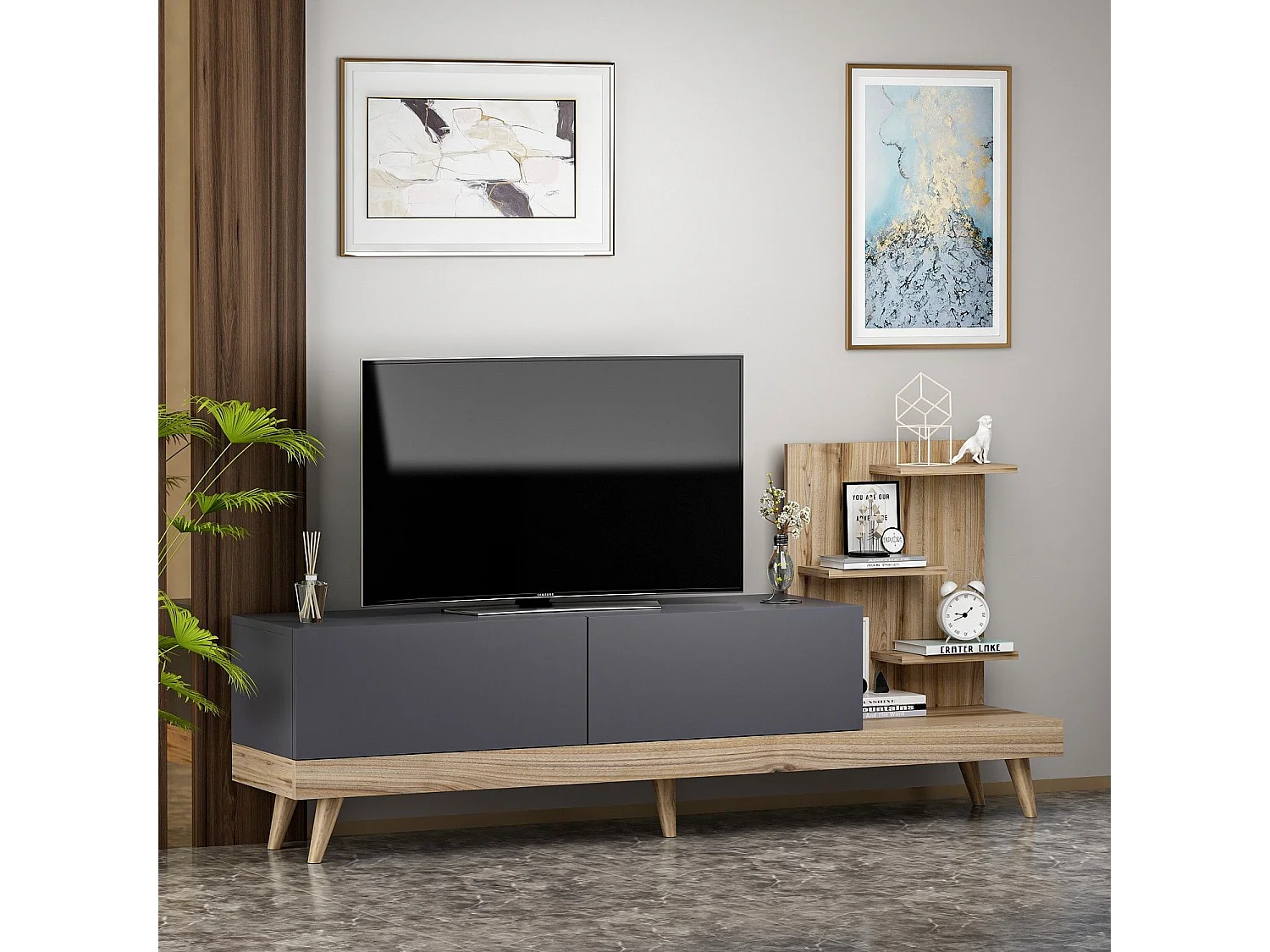 Mueble de TV – 180 cm x 82 cm x 37 cm – Antracita y Nogal – Tablero de partículas recubierto de melamina