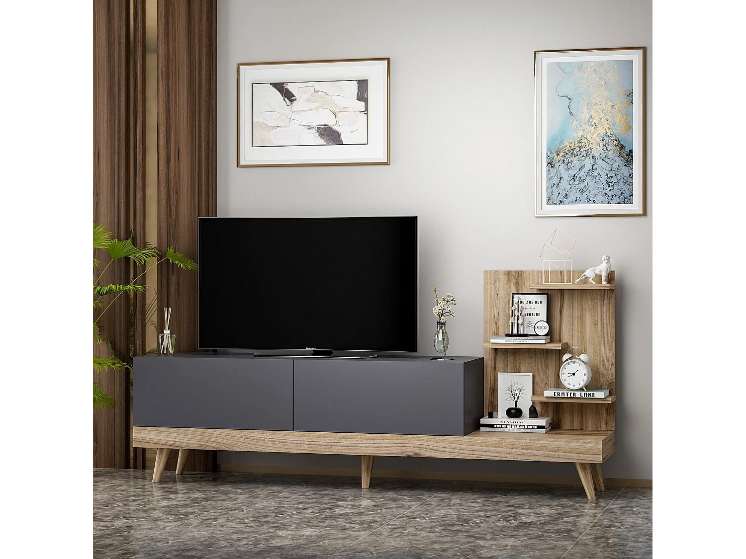 TV-Ständer – 180 cm x 82 cm x 37 cm – Anthrazit und Walnuss – Melaminbeschichtete Spanplatte
