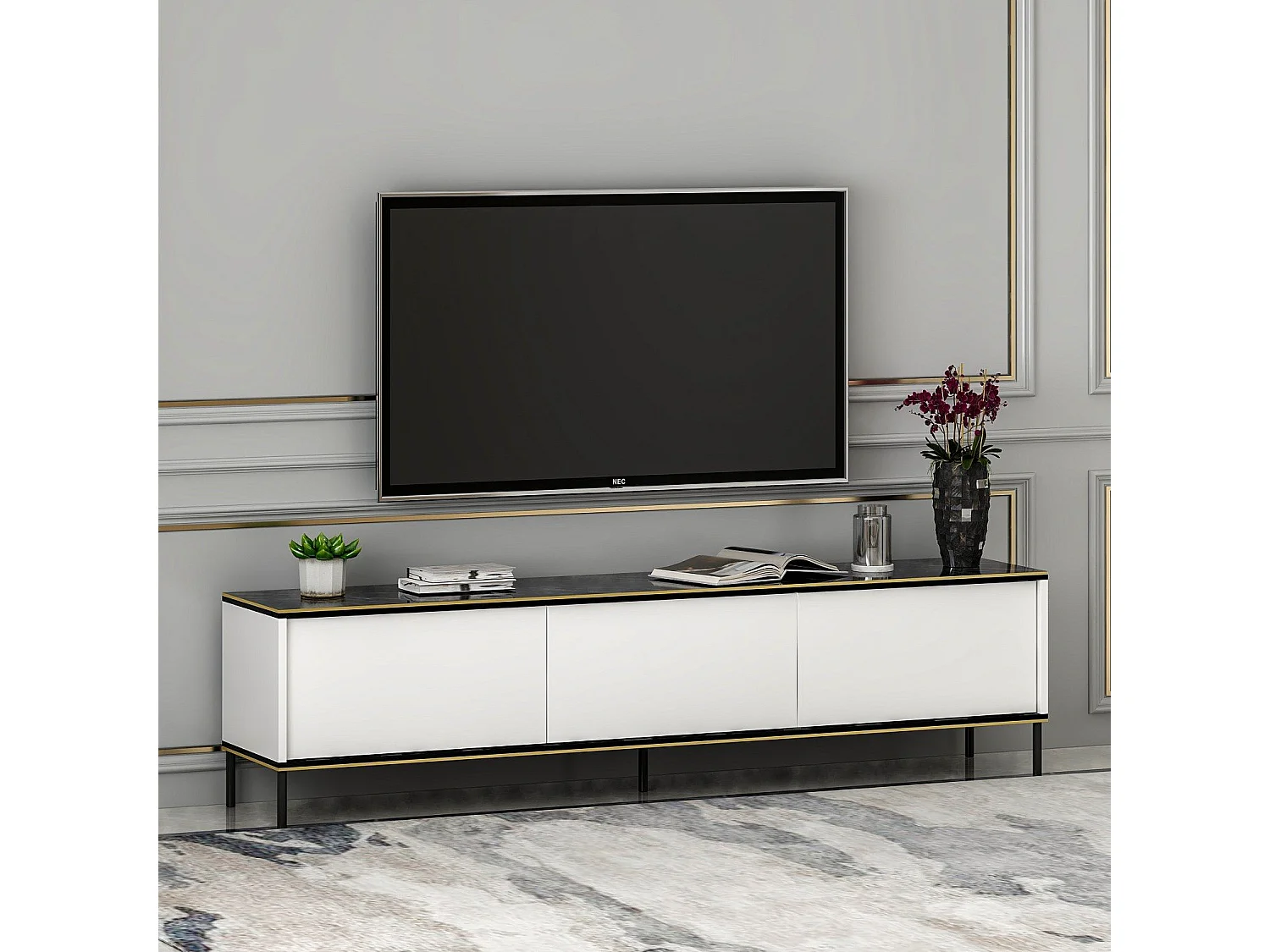 Mesa de tv Kailua 1711, Blanco|Mármol negro, 180x45x35cm