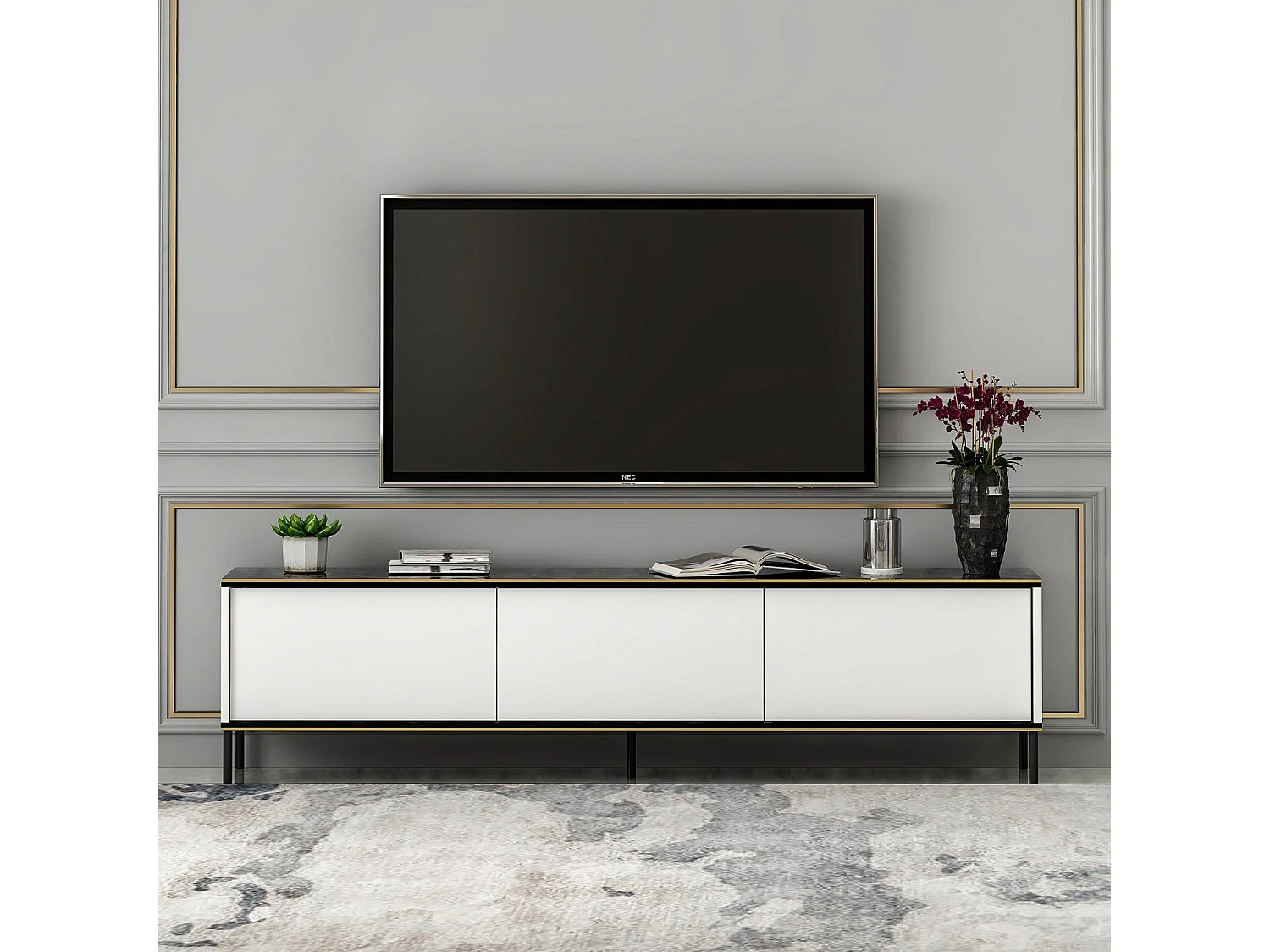 Mesa de tv Kailua 1711, Blanco|Mármol negro, 180x45x35cm
