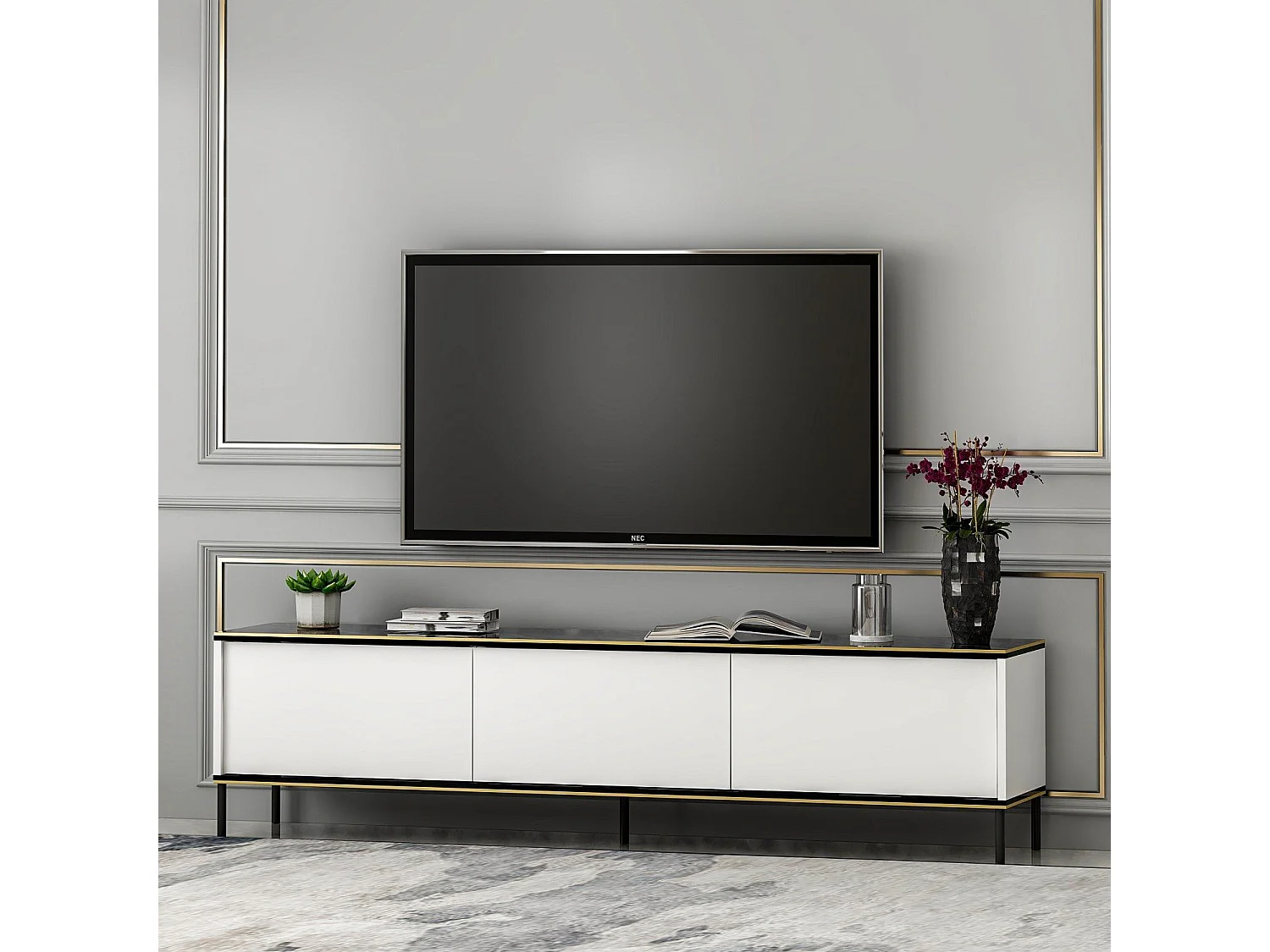 Mesa de tv Kailua 1711, Blanco|Mármol negro, 180x45x35cm