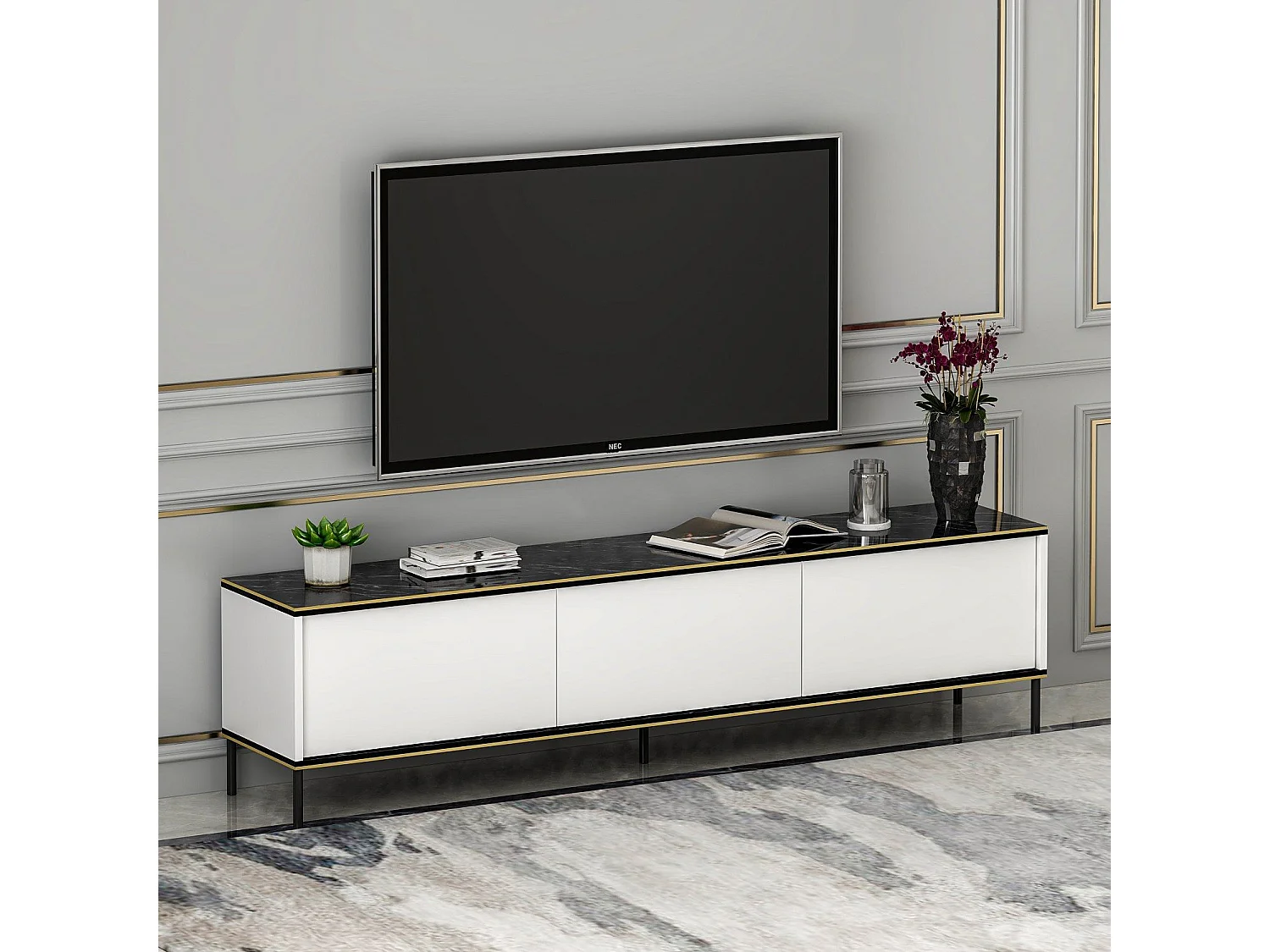 Mesa de tv Kailua 1711, Blanco|Mármol negro, 180x45x35cm