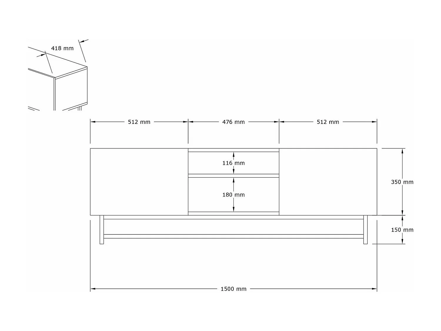 Mesa de tv Kailua 1474, Negro|Blanco, 150x50x42cm