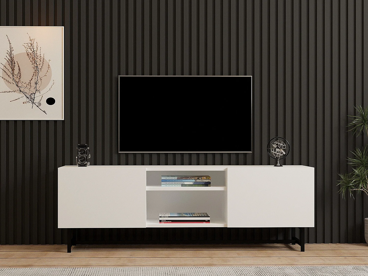 Mesa de tv Kailua 1474, Negro|Blanco, 150x50x42cm