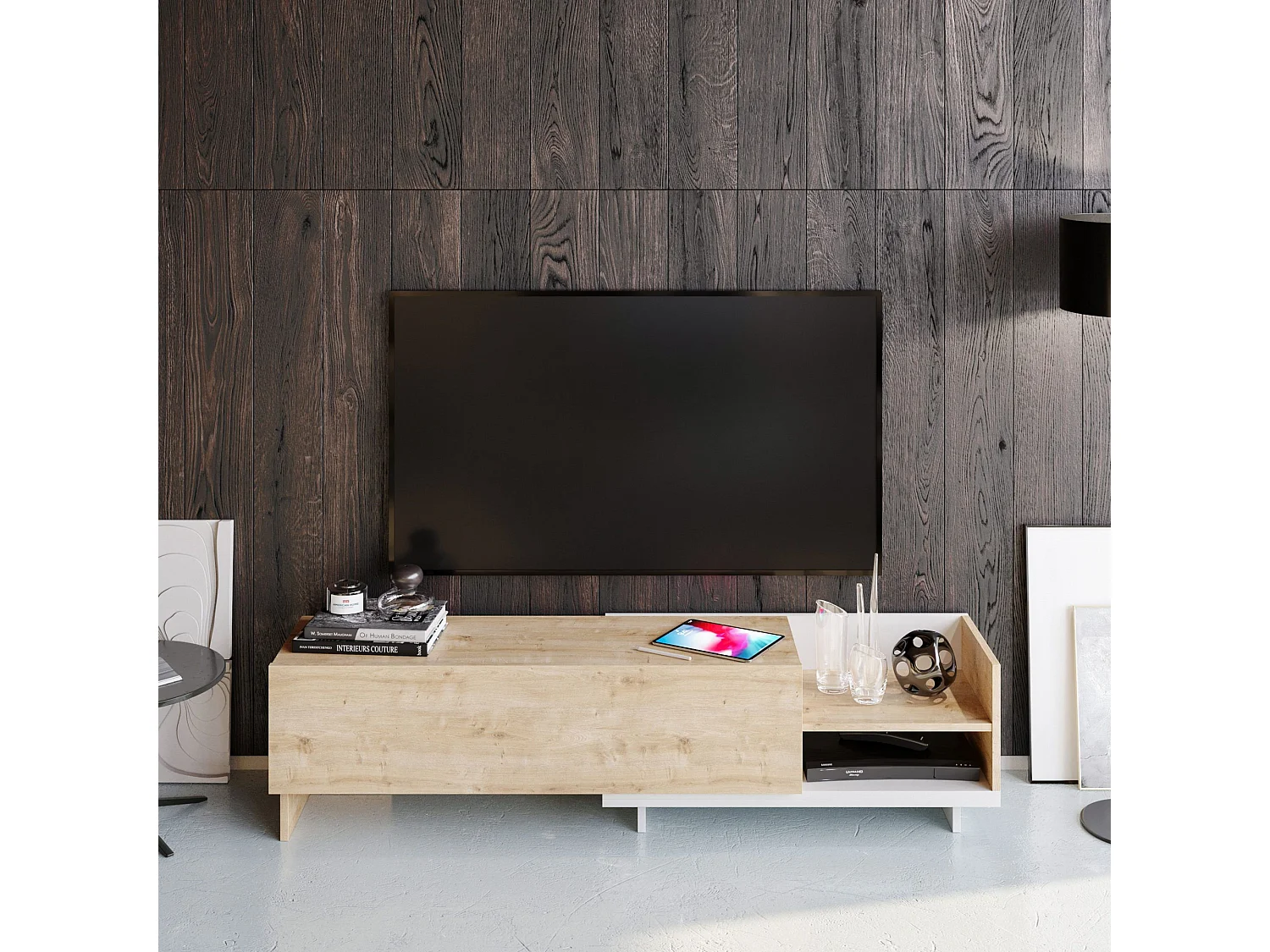 Móvel de TV escandinavo, 165 cm, branco e safira, 100% aglomerado revestido em melamina, 18 mm de espessura | Elegante e funcional para salas de estar modernas