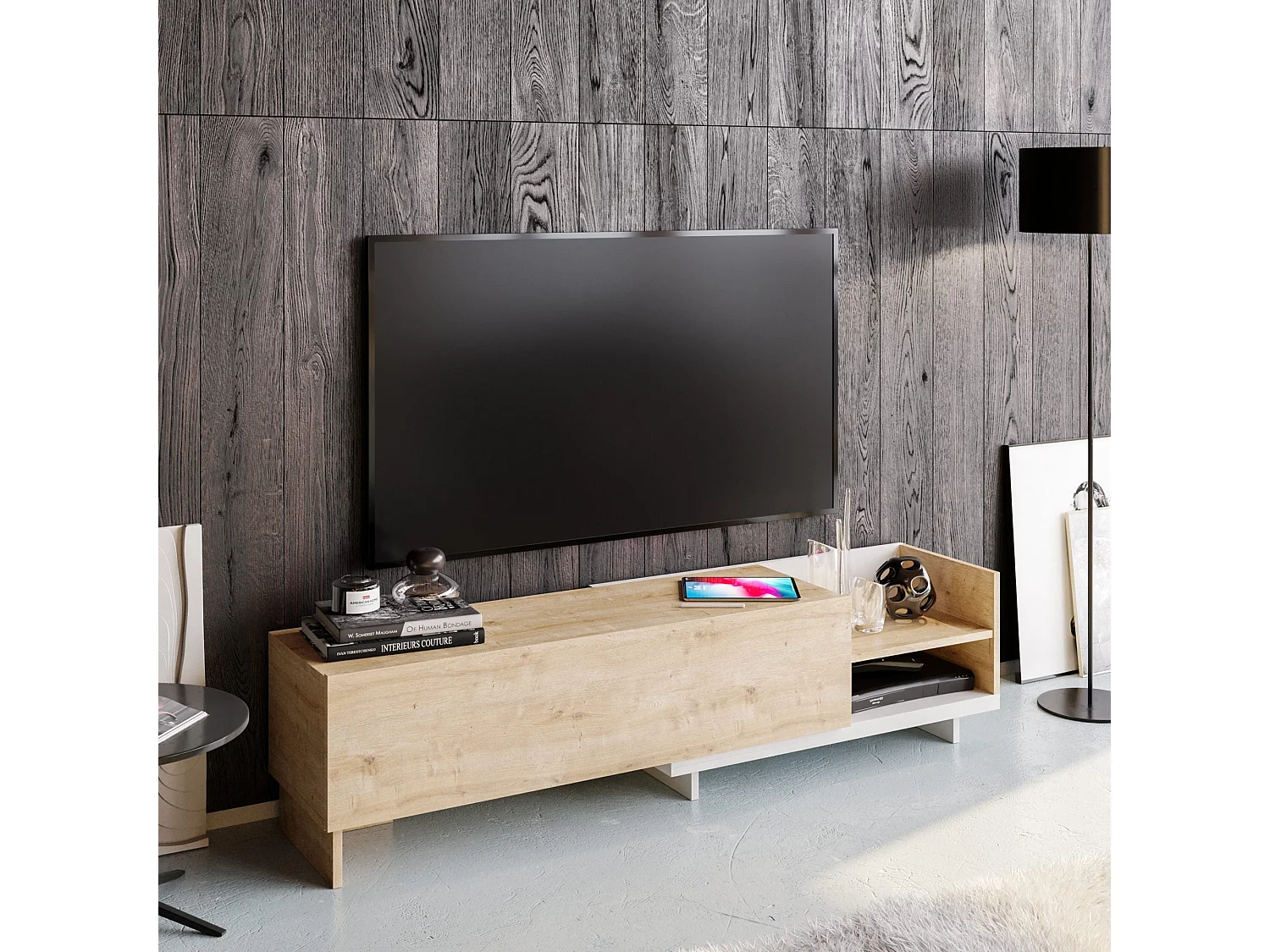 Móvel de TV escandinavo, 165 cm, branco e safira, 100% aglomerado revestido em melamina, 18 mm de espessura | Elegante e funcional para salas de estar modernas