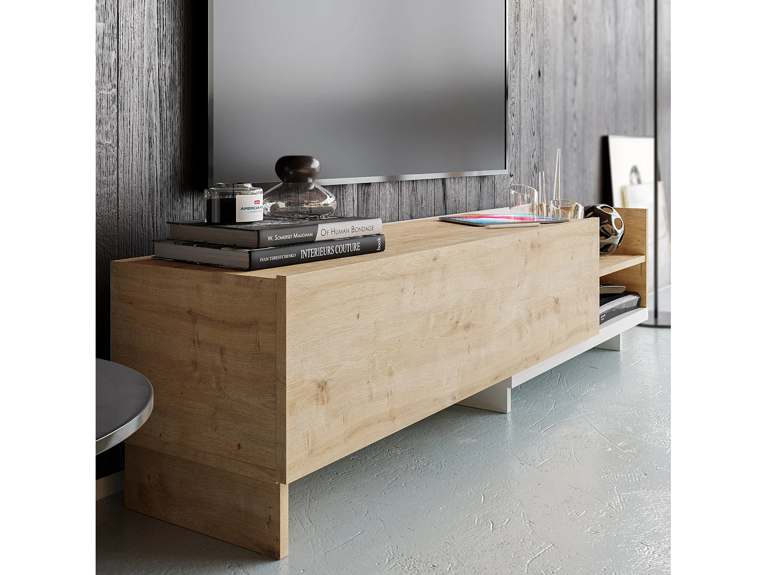 Móvel de TV escandinavo, 165 cm, branco e safira, 100% aglomerado revestido em melamina, 18 mm de espessura | Elegante e funcional para salas de estar modernas