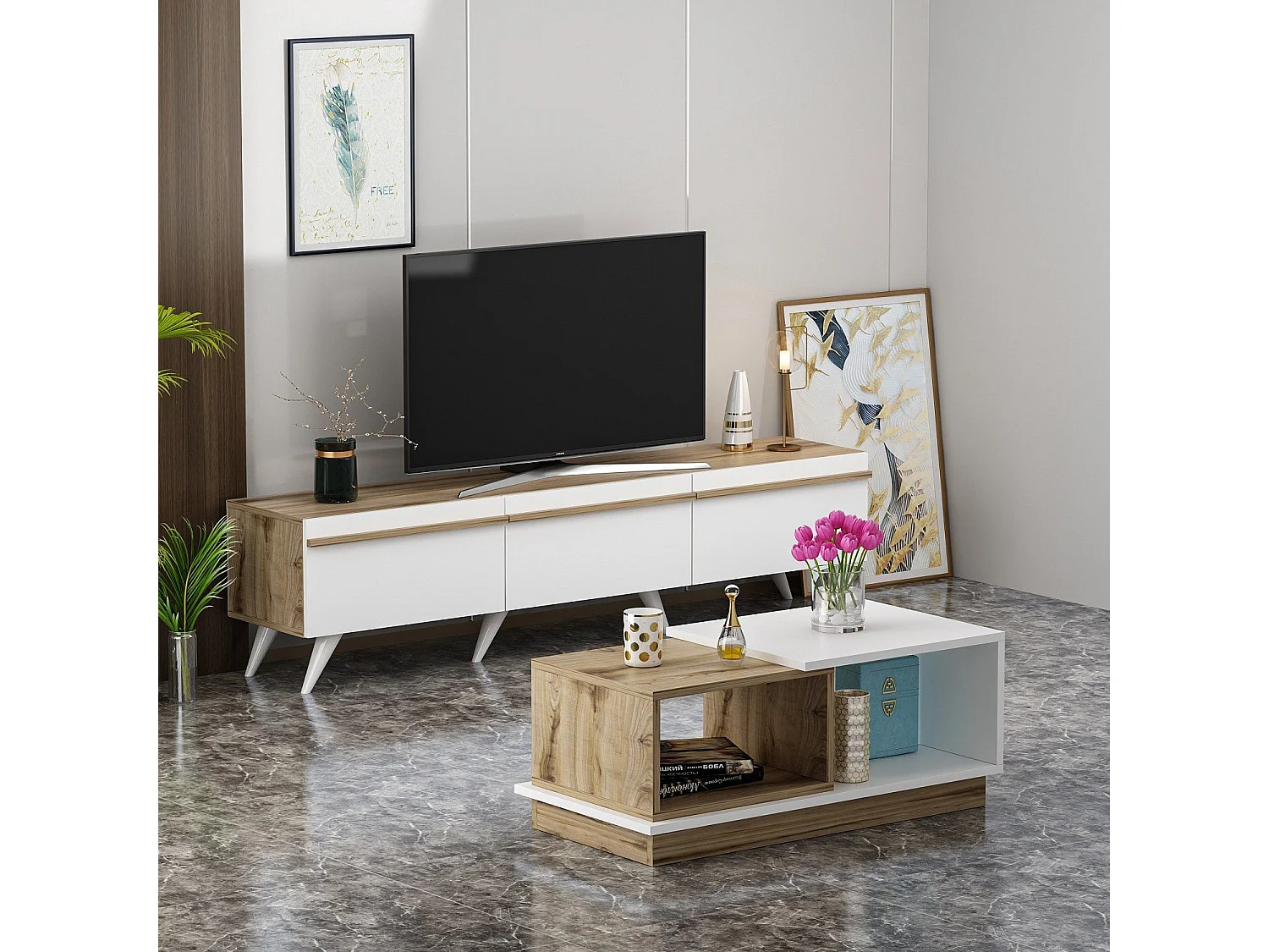 Ensemble meuble TV et table basse Druyes Blanc et Chêne clair