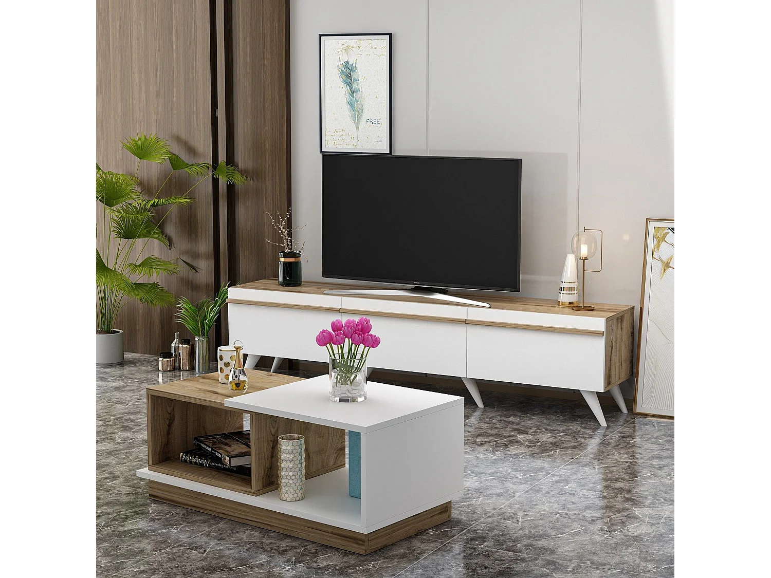 Ensemble meuble TV et table basse Druyes Blanc et Chêne clair
