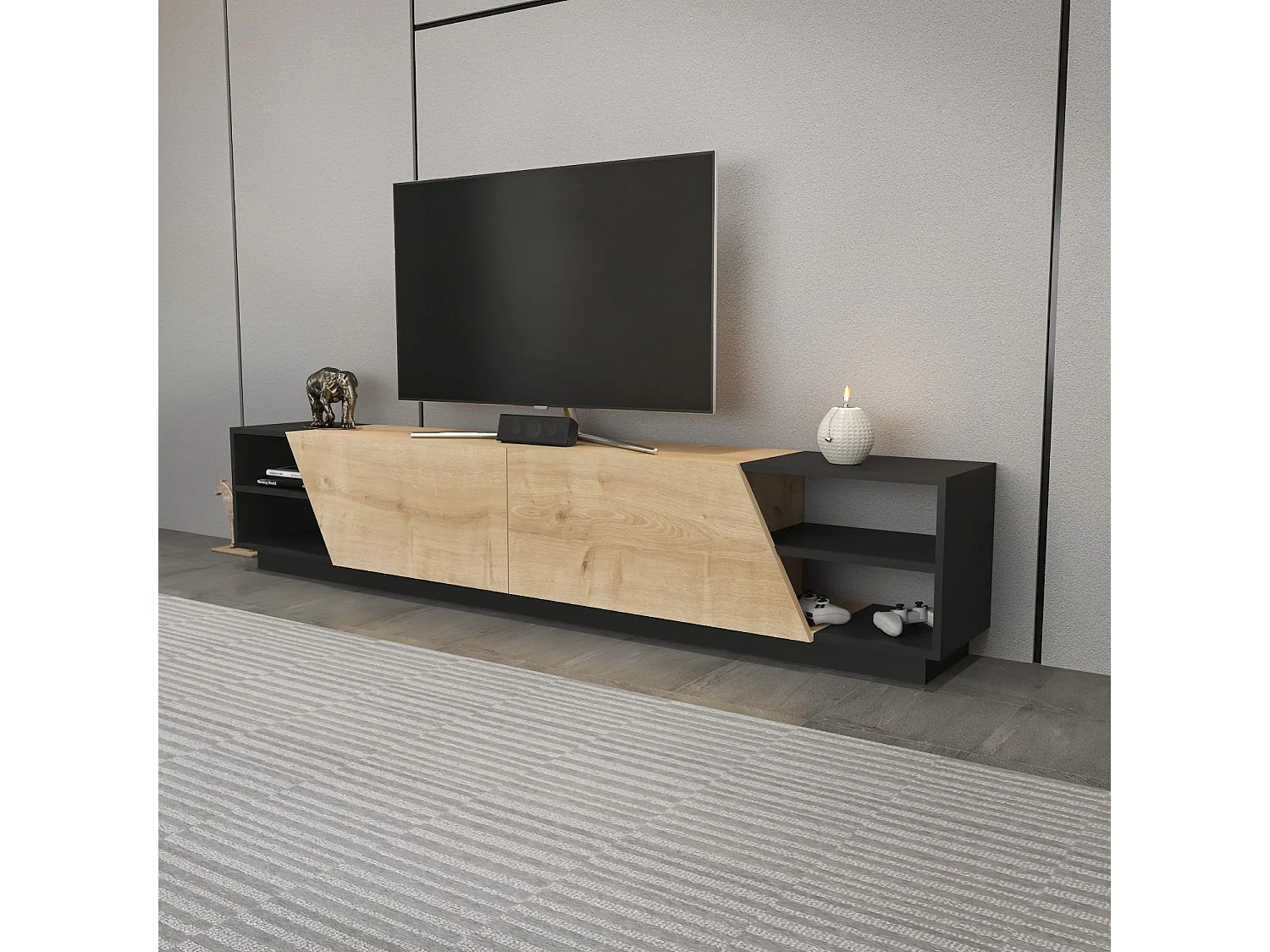 Mesa de tv Kailua 260, Roble|Antracita, Número de puertas: 2.00, 240x47x37cm