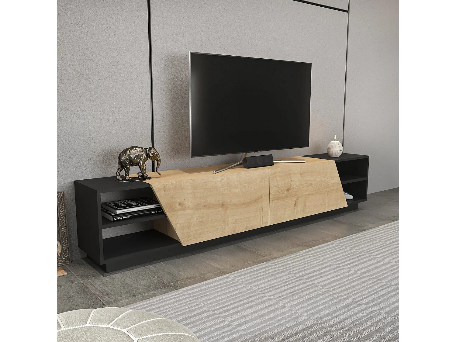 Mesa de tv Kailua 260, Roble|Antracita, Número de puertas: 2.00, 240x47x37cm