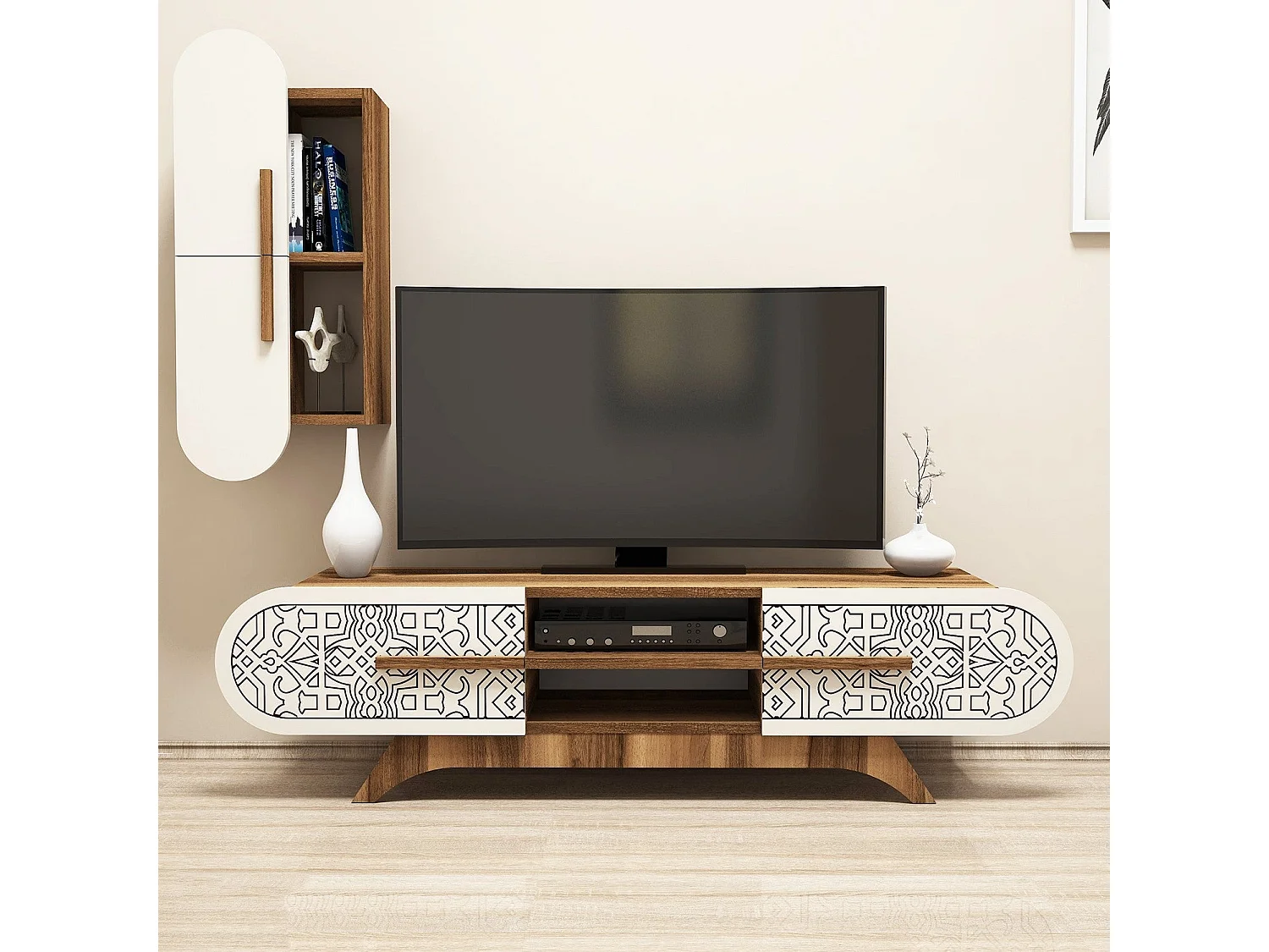 Conjunto de salón Kailua 1574, Crema|Nuez, Partes separadas|Con mesa de TV, 145x35cm