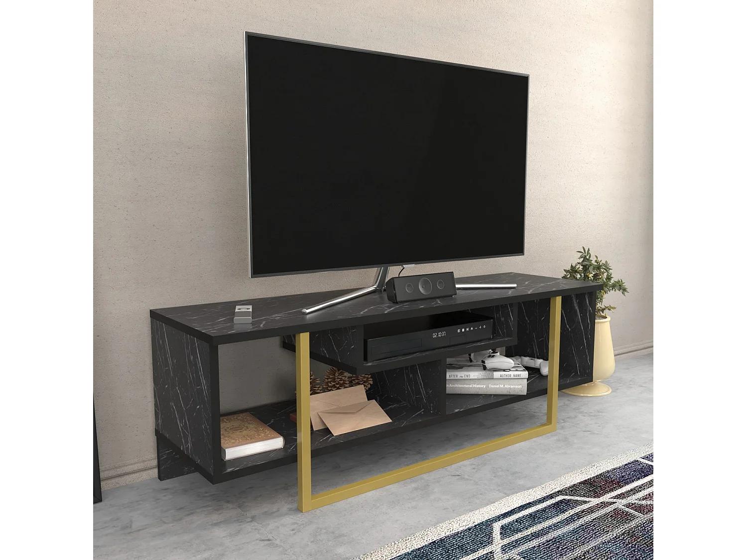 Elegante zwart-gouden tv-standaard, 120 x 35,2 x 40,2 cm | 100% melamine spaanplaat, 18 mm dik | Modern design voor woonkamers en entertainmentruimtes