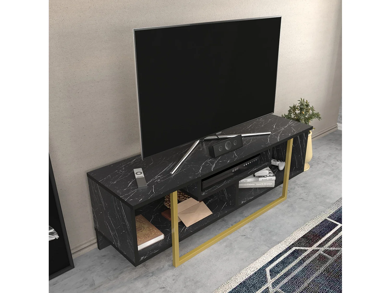 Elegante zwart-gouden tv-standaard, 120 x 35,2 x 40,2 cm | 100% melamine spaanplaat, 18 mm dik | Modern design voor woonkamers en entertainmentruimtes