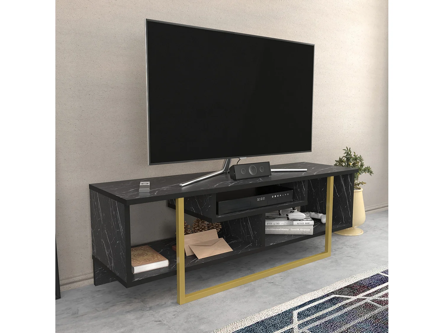Elegante zwart-gouden tv-standaard, 120 x 35,2 x 40,2 cm | 100% melamine spaanplaat, 18 mm dik | Modern design voor woonkamers en entertainmentruimtes