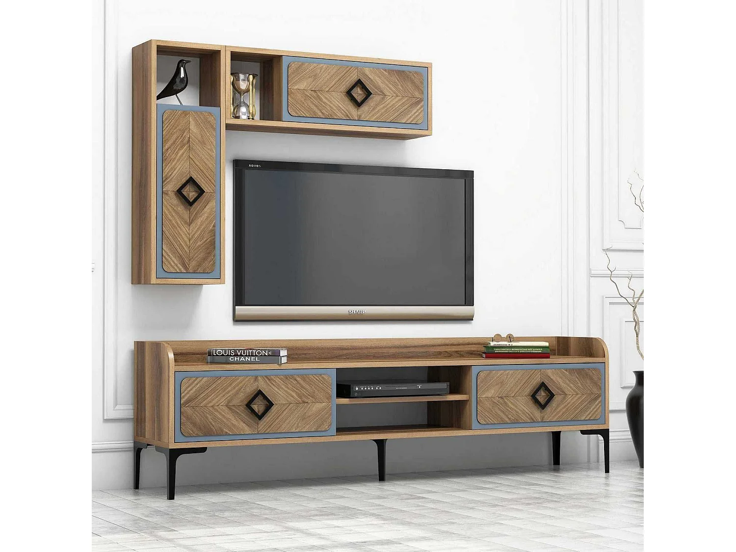 Mueble de TV moderno – 180 x 52 x 35 cm – Nogal y Azul – Melamina