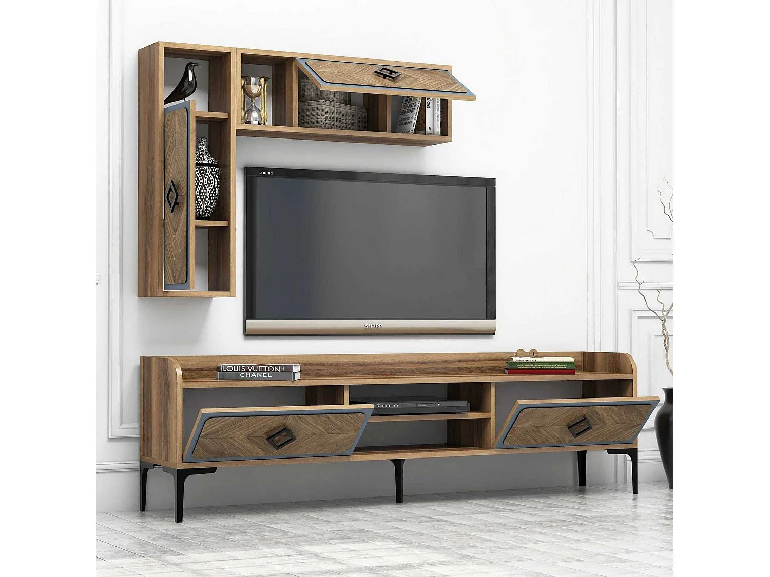 Mueble de TV moderno – 180 x 52 x 35 cm – Nogal y Azul – Melamina