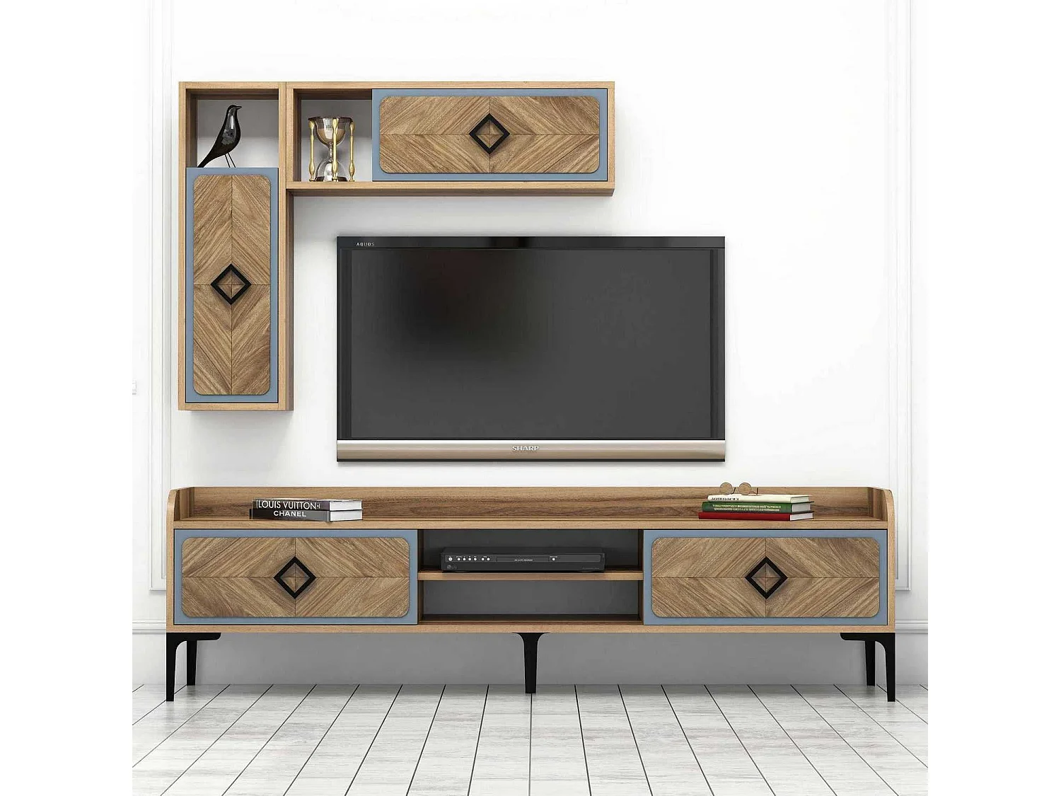 Mueble de TV moderno – 180 x 52 x 35 cm – Nogal y Azul – Melamina
