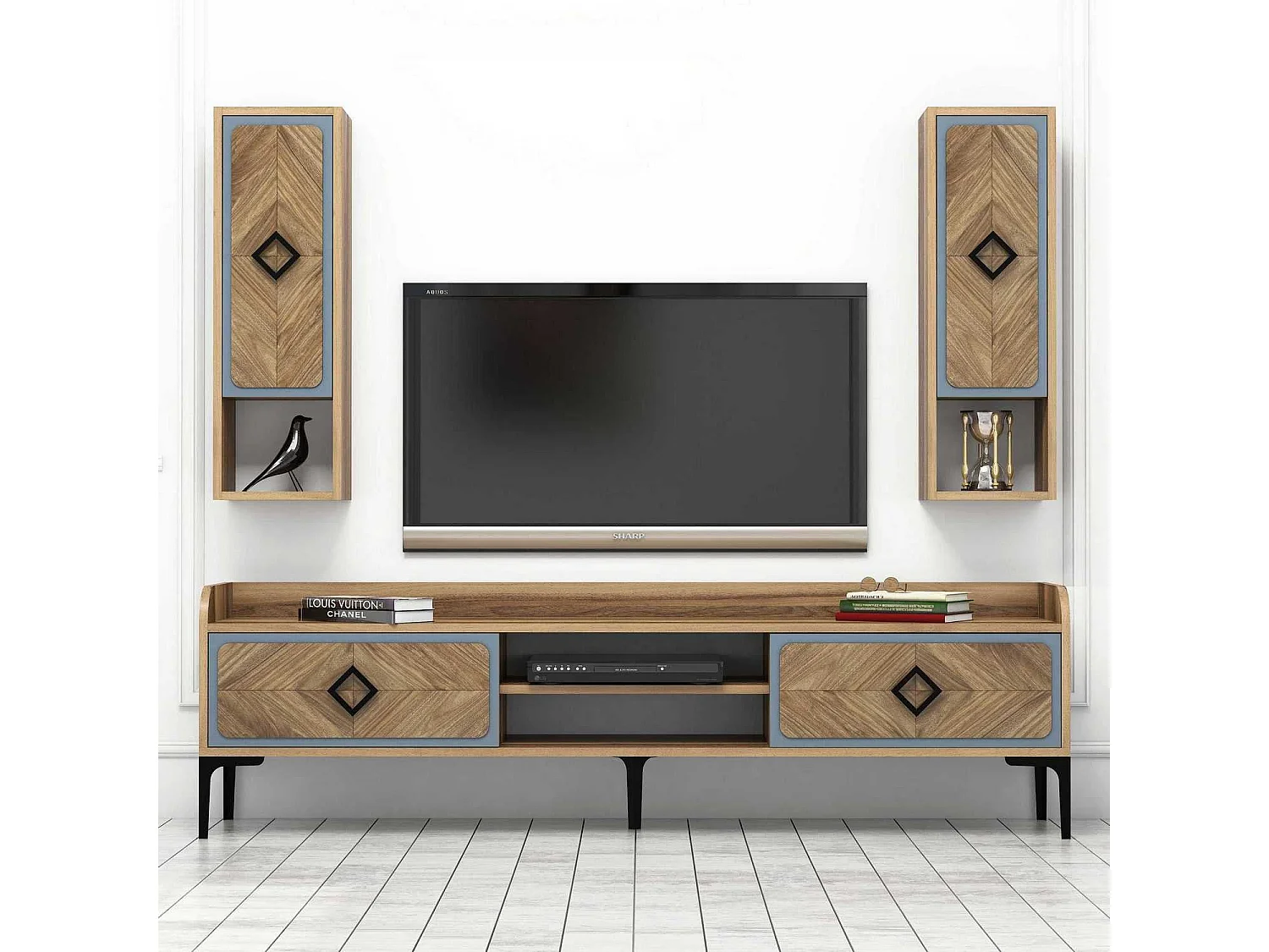 Mueble de TV moderno – 180 x 52 x 35 cm – Nogal y Azul – Melamina