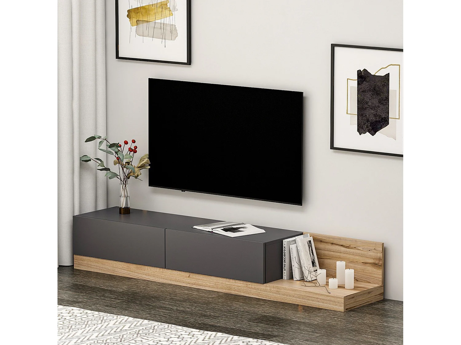 TV-Ständer – 180 x 30 x 37 cm – Anthrazit und Walnuss – Melaminbeschichtete Spanplatte