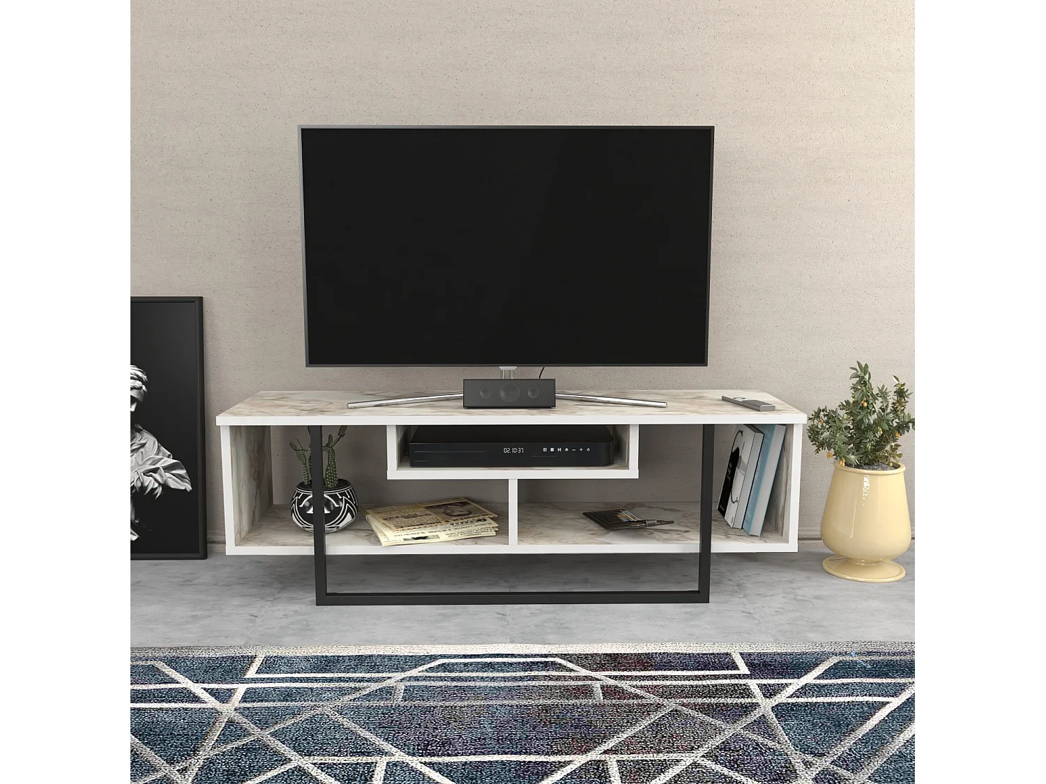 Meuble TV Nikolai 120cm Noir et Blanc Effet marbre