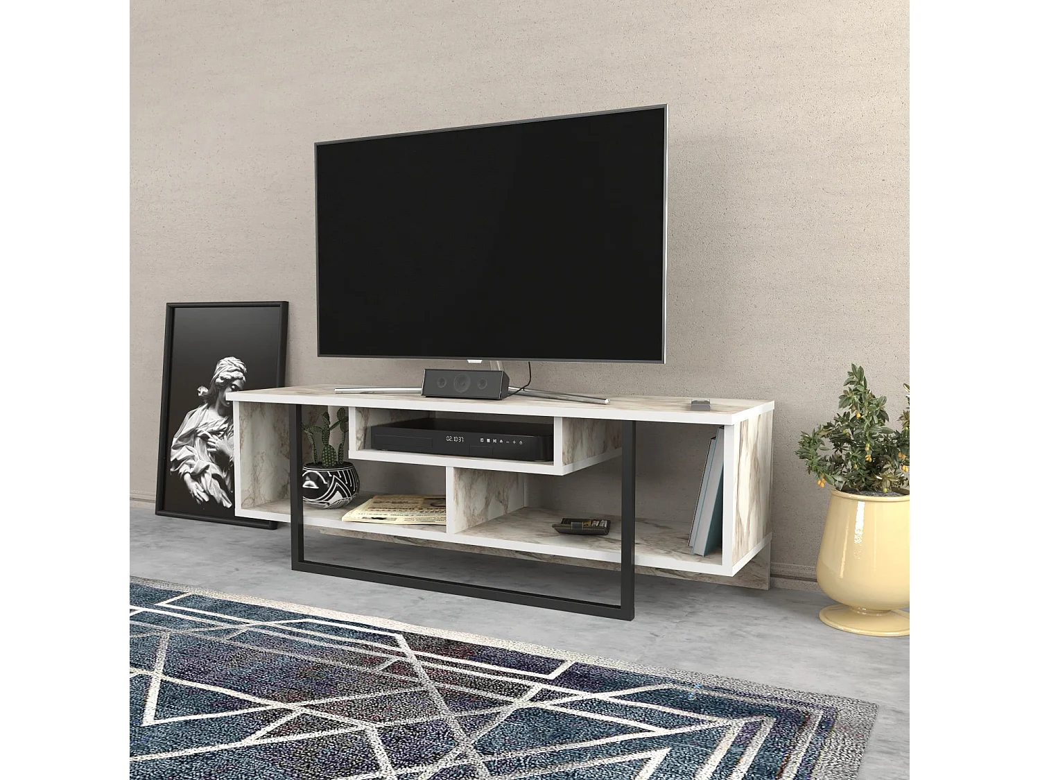 Meuble TV Nikolai 120cm Noir et Blanc Effet marbre