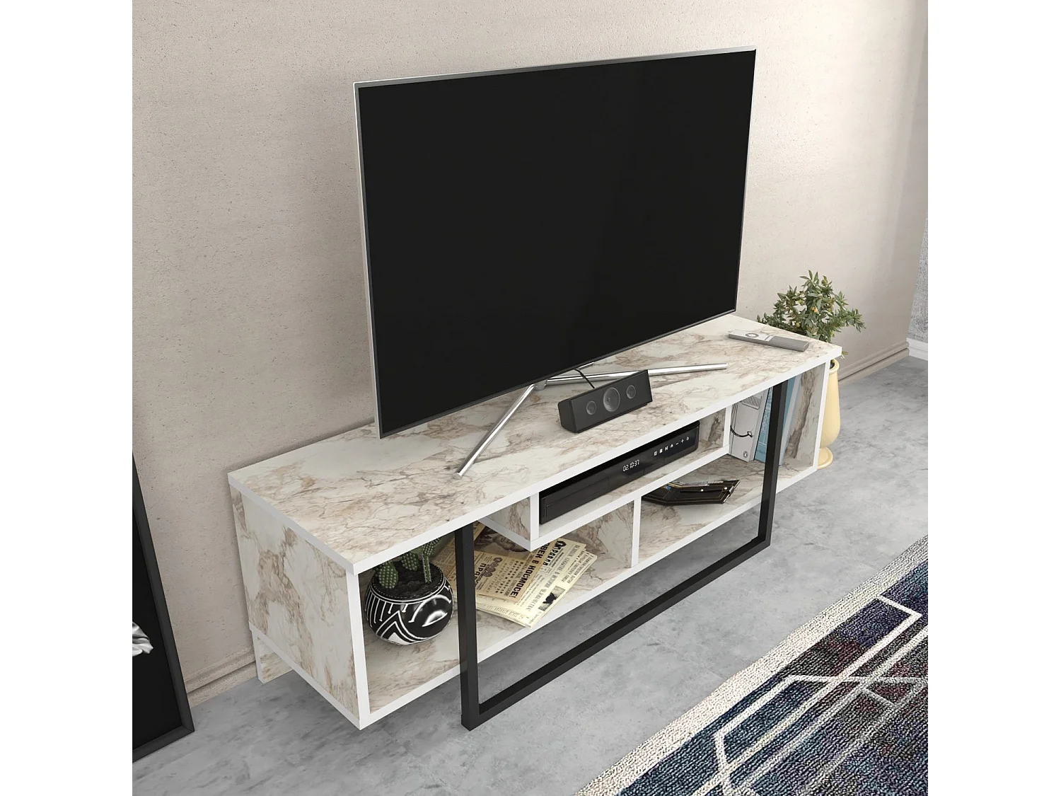Meuble TV Nikolai 120cm Noir et Blanc Effet marbre
